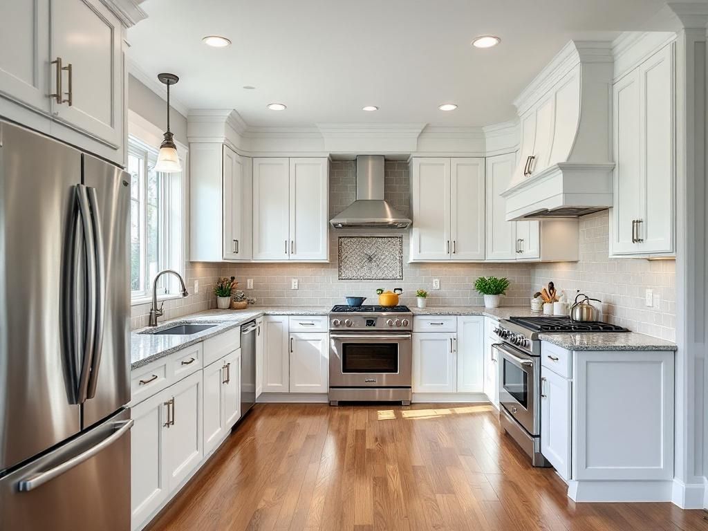 Kitchen after Pro Finish trim work - crown molding, baseboards, window casings